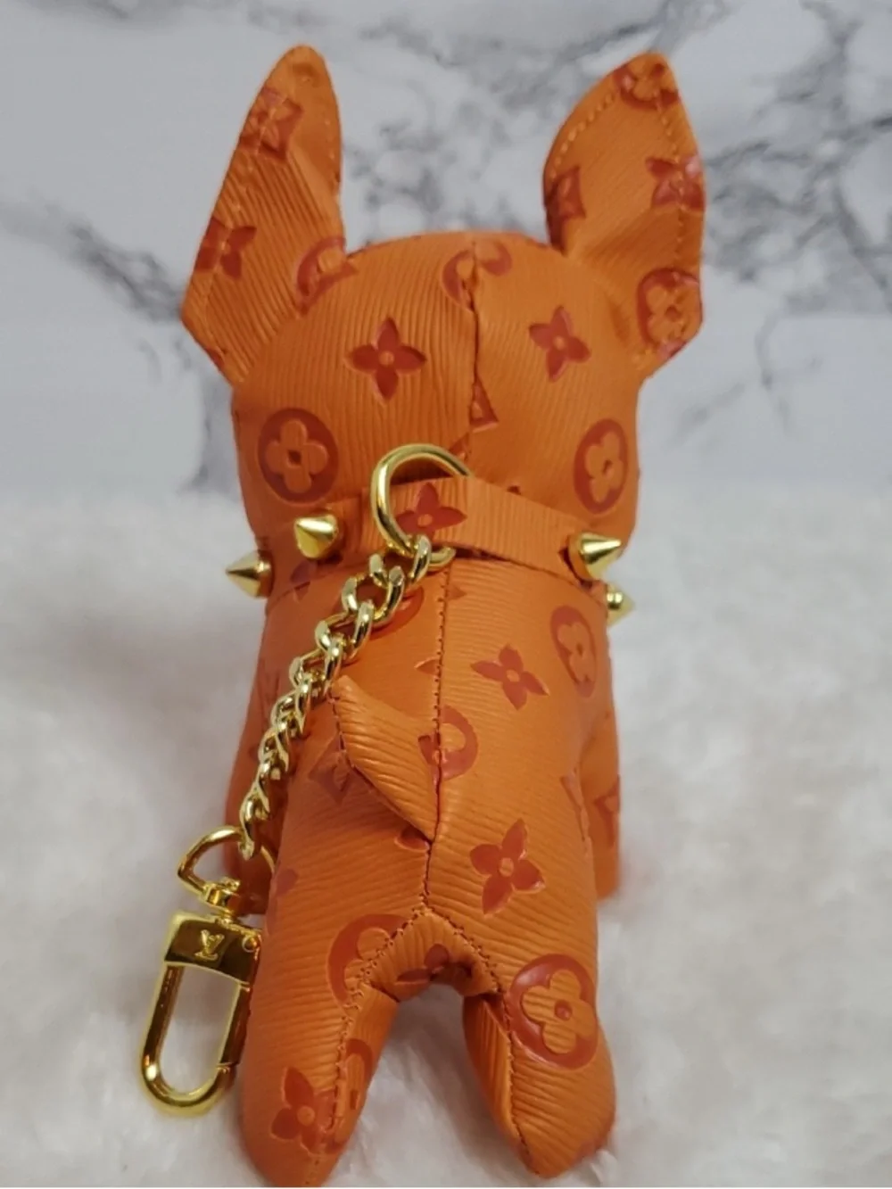 Orange Monogram Dog Charm Keychain with Gold Hardware